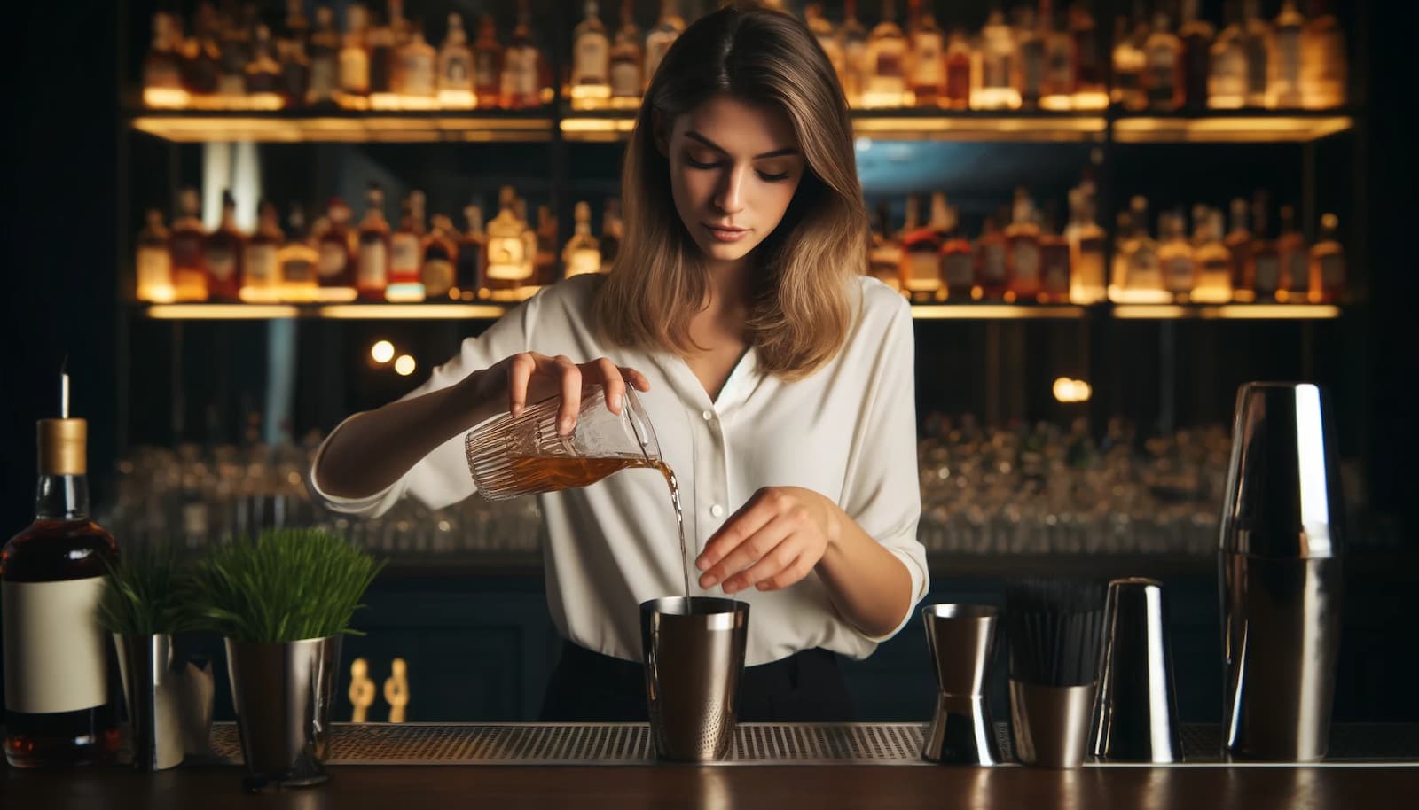 Bartender measuring cocktail ingredients Bartender measuring cocktail ingredients